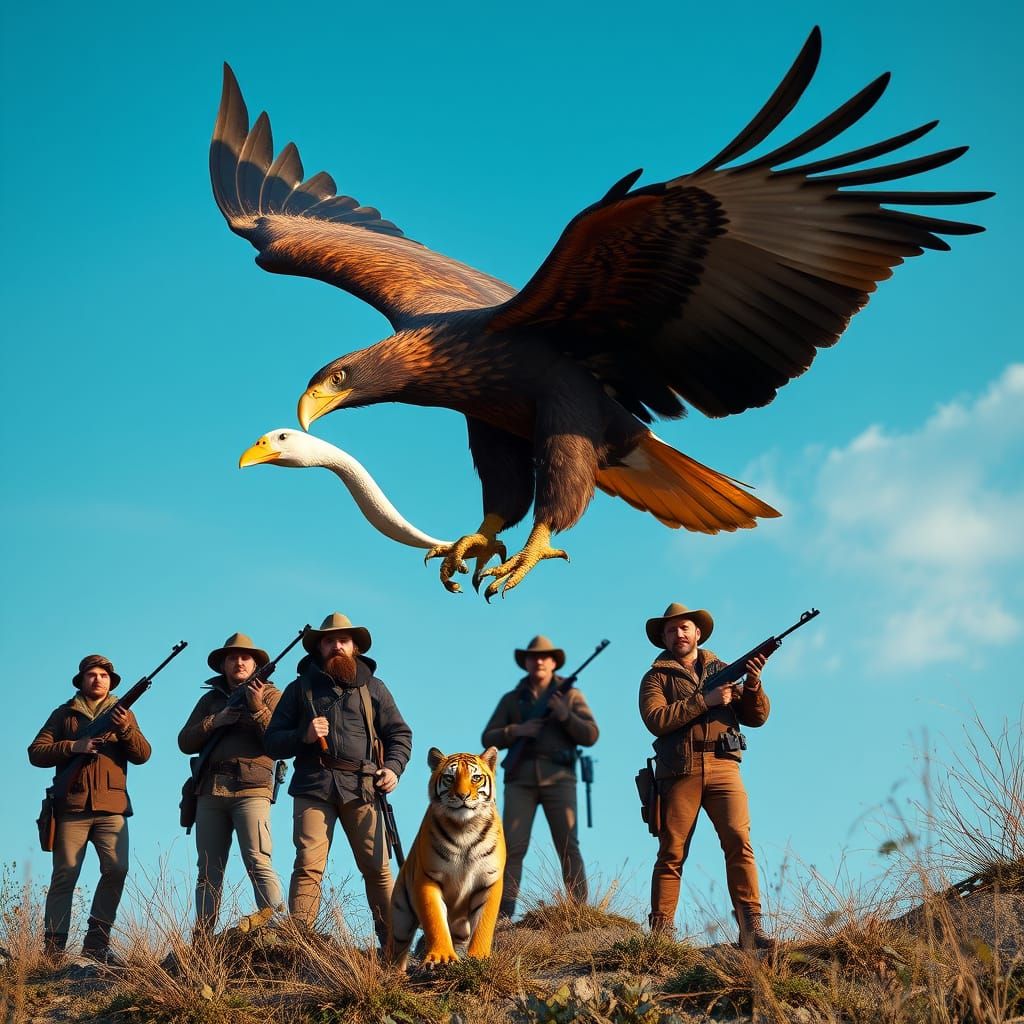 Eagle Soars through Majestic Sky with Tiger Cub and White Du...