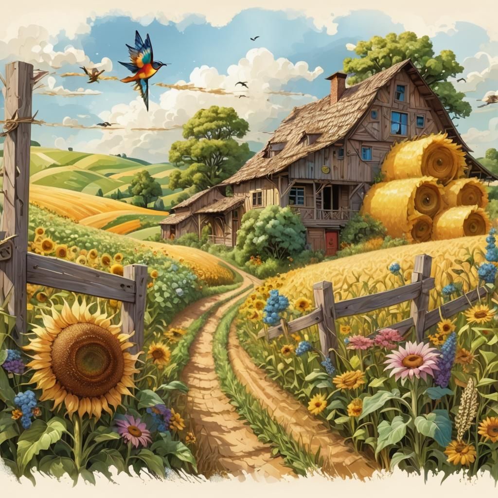 Abstract Landscape with Swallows and Sunflowers