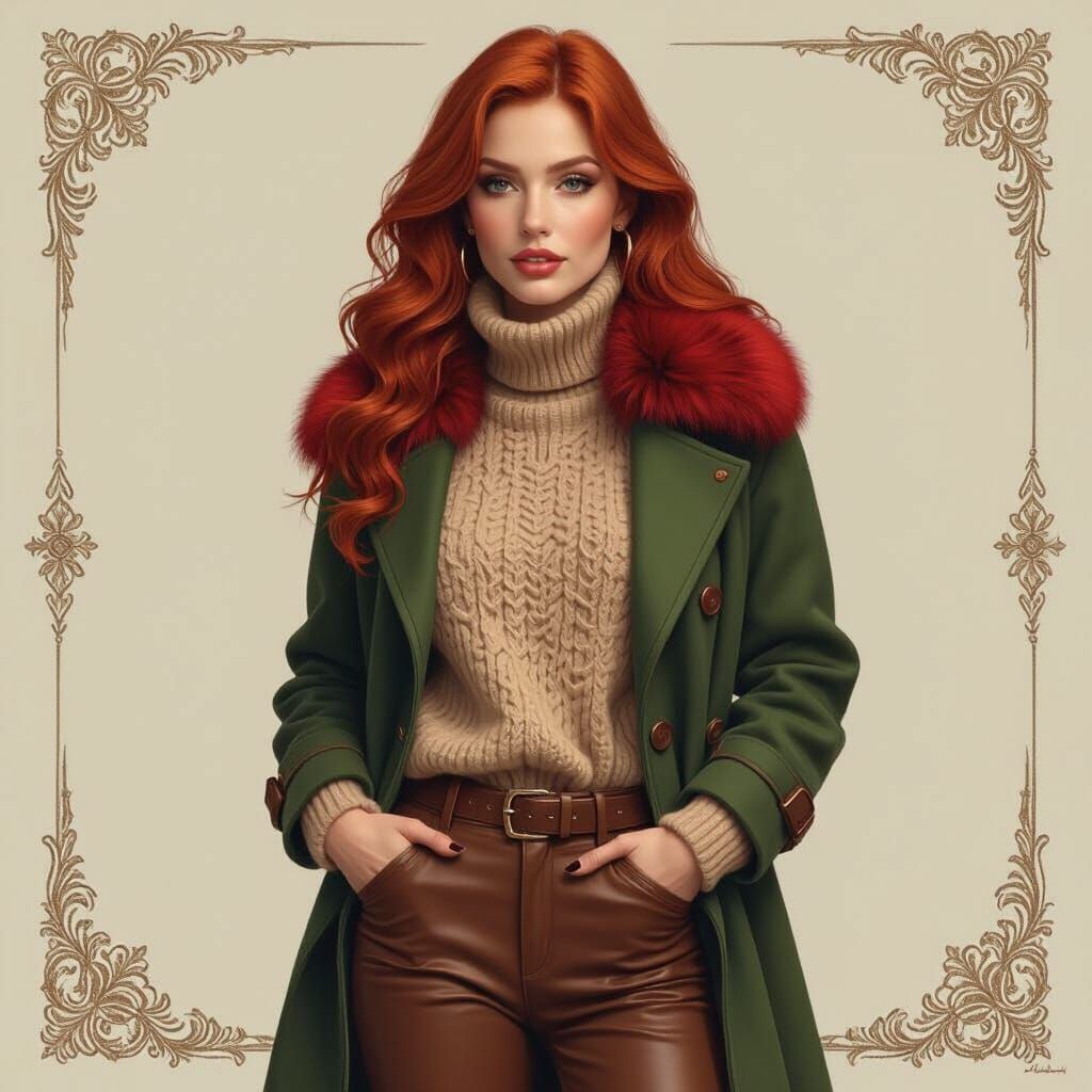 Red-Haired Woman in Green Coat with Fur Collar
