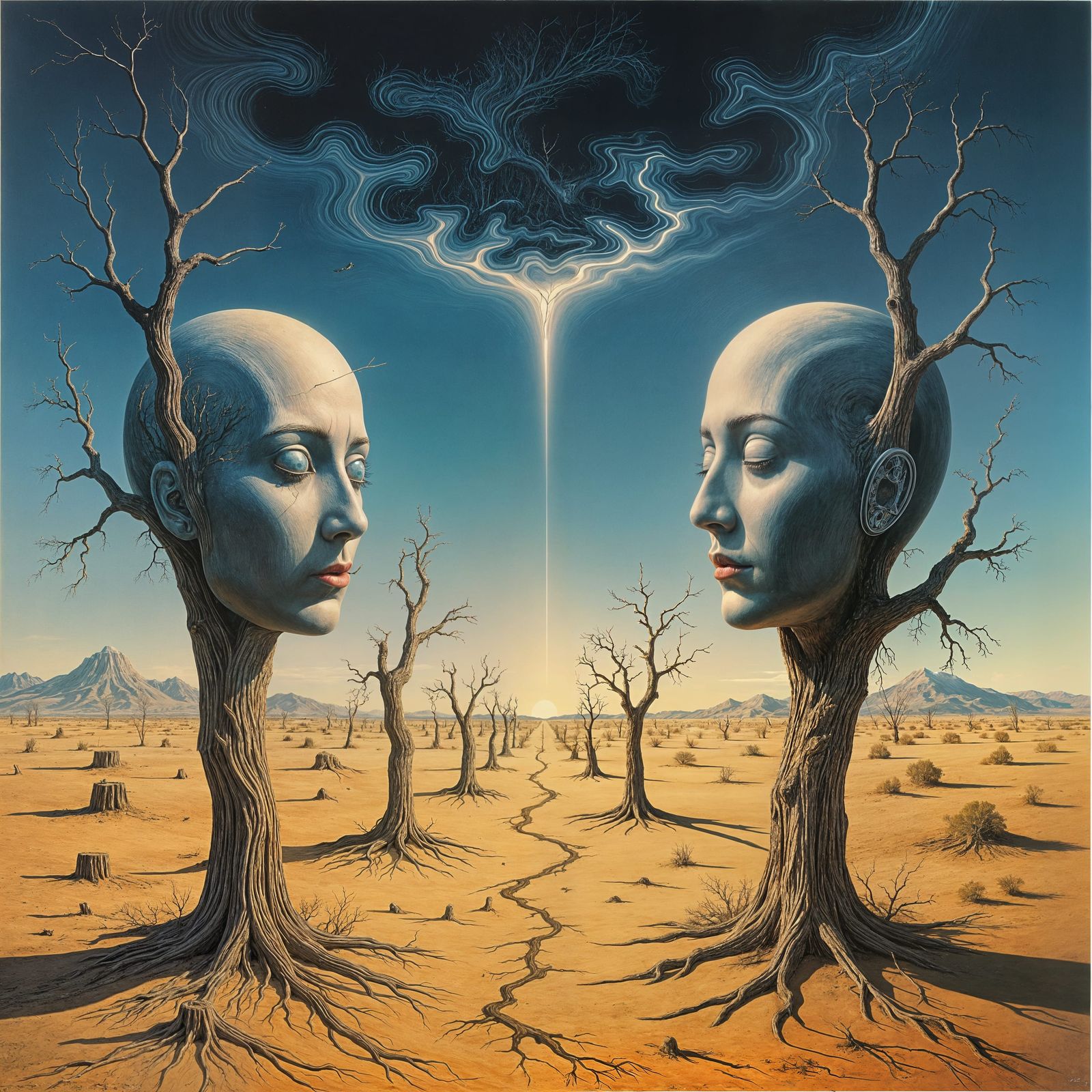 Surreal Landscape with Melting Faces on Dead Trees
