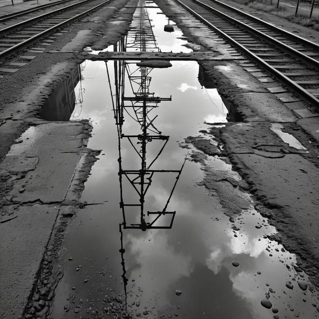 Monochrome Industrial Landscape with Crane Reflection