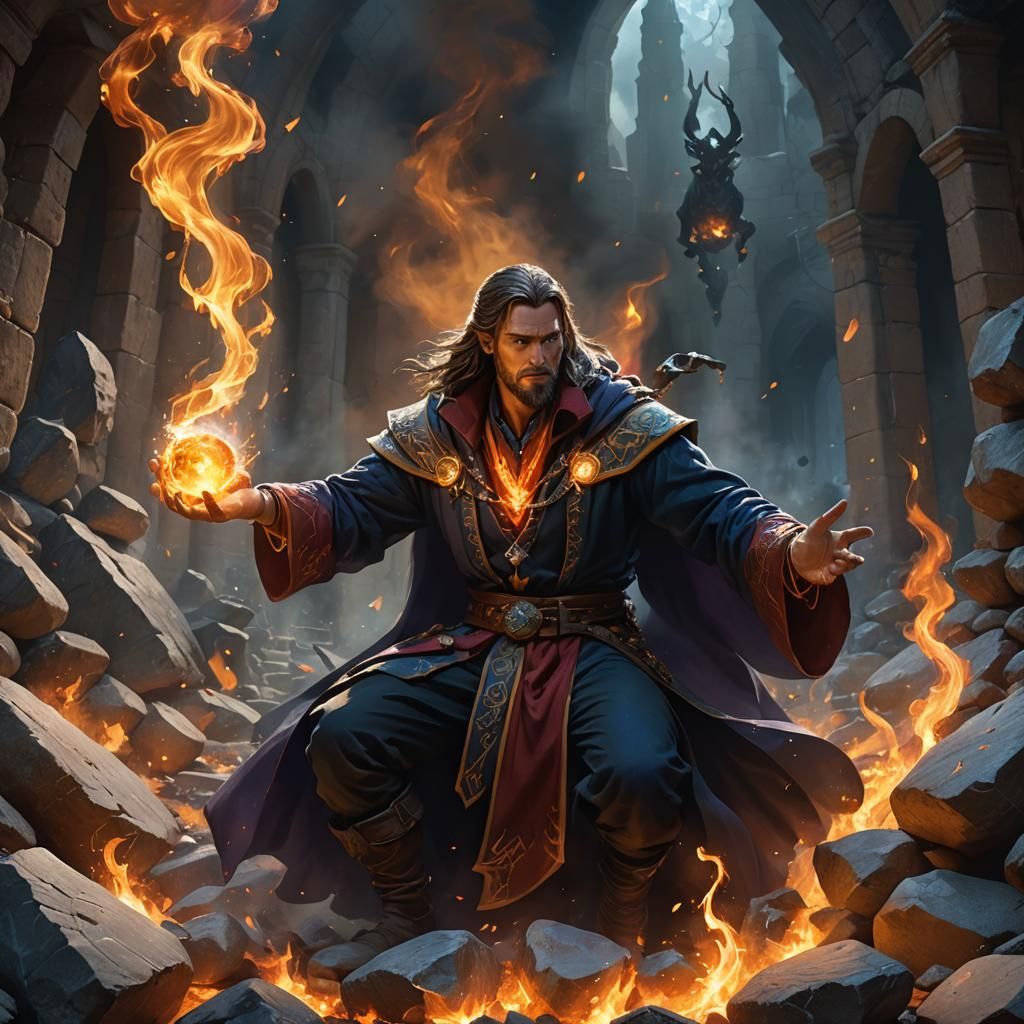 Male Sorcerer Casting Stone and Fire Spells