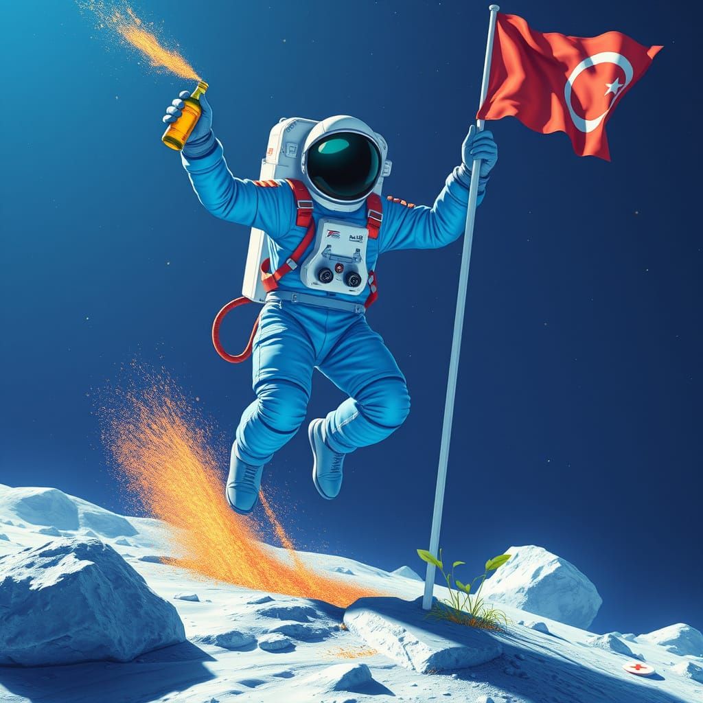 Astronaut Celebrates Moon Landing in Vibrant, Futuristic Sty...