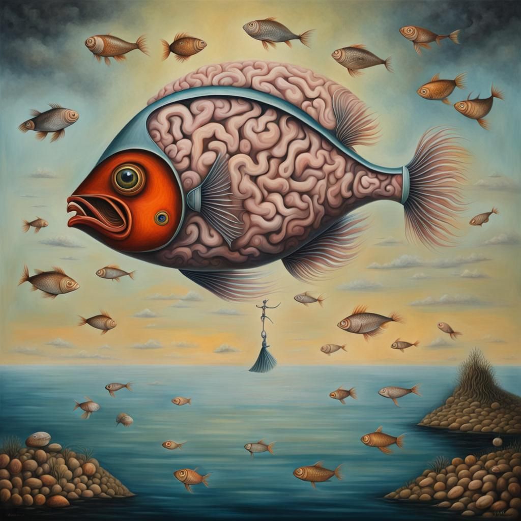 Surreal Brain Fish in Dreamlike Painting