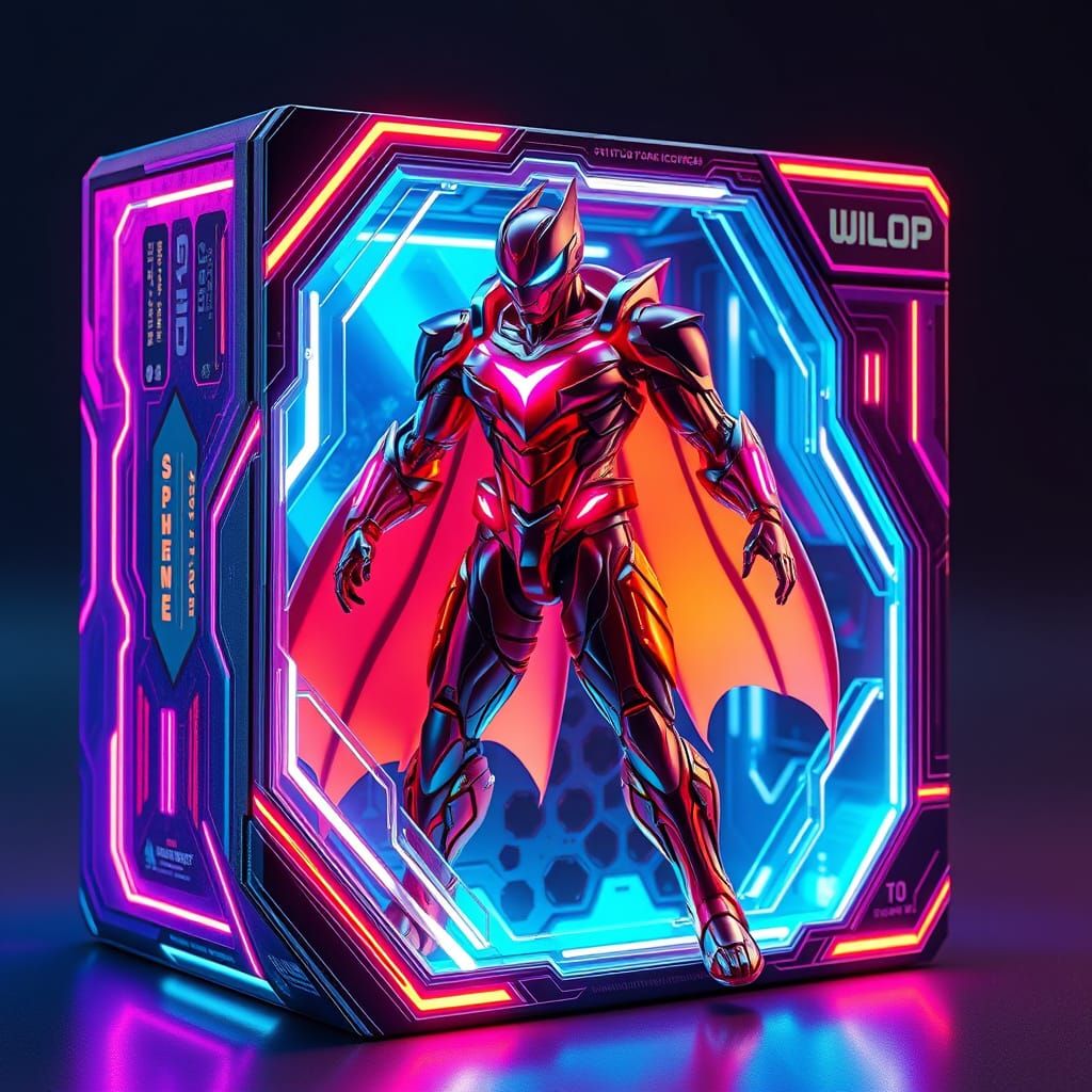 Neon-Lit Superhero Action Figure Box in 3D Anime Style