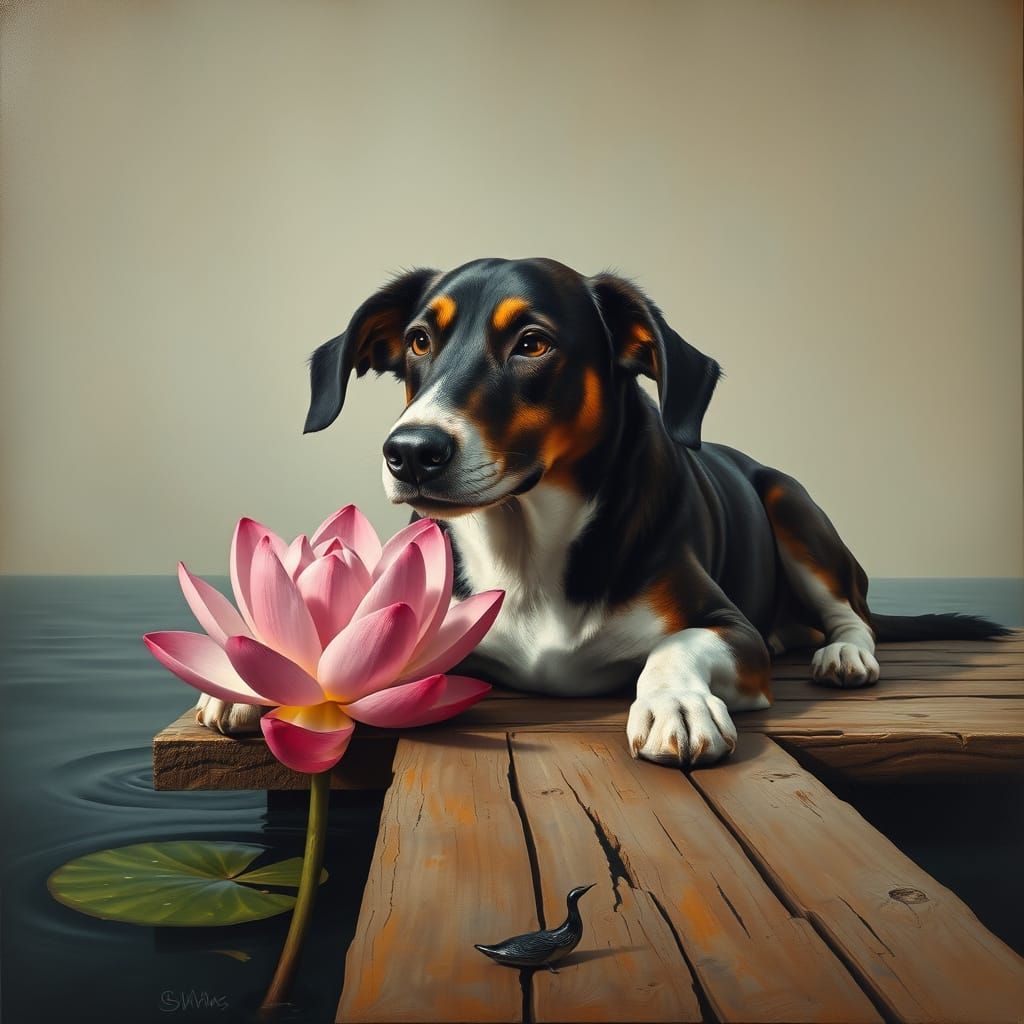 Surreal Dog Reaches for Lotus on Dock, Dali Inspired