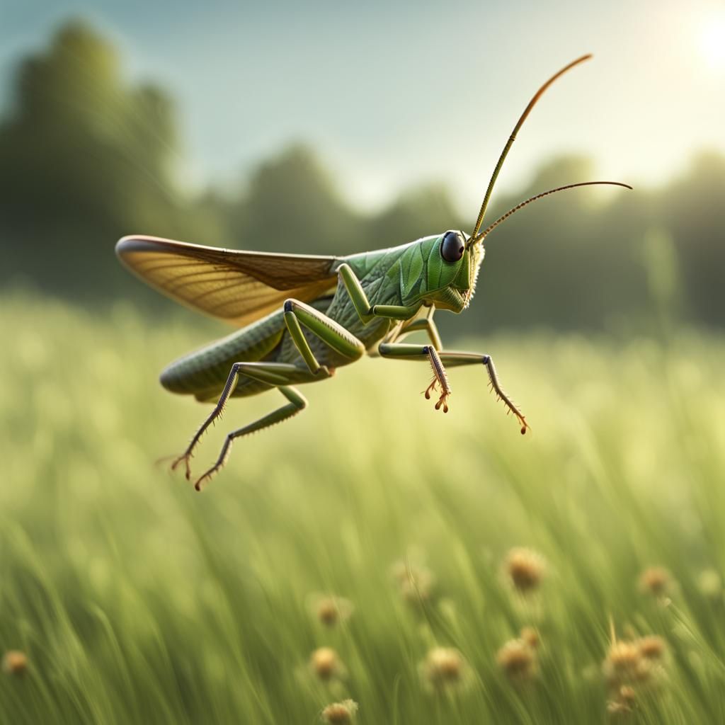 Grasshopper Mid-Jump in Photorealistic Style