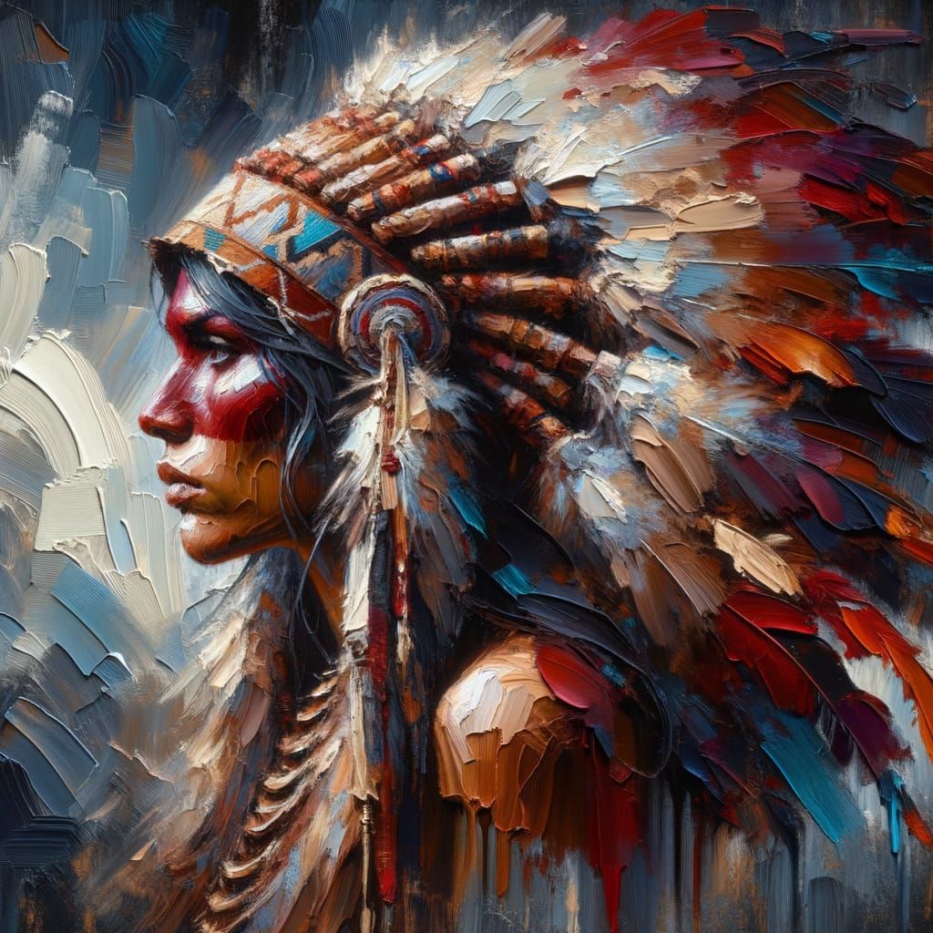 Native American Warrior Woman in Crimson and Bronze