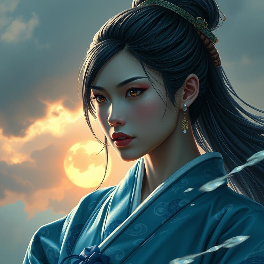 Elegant Crane Clan Maiden in Sky Blue Kimono