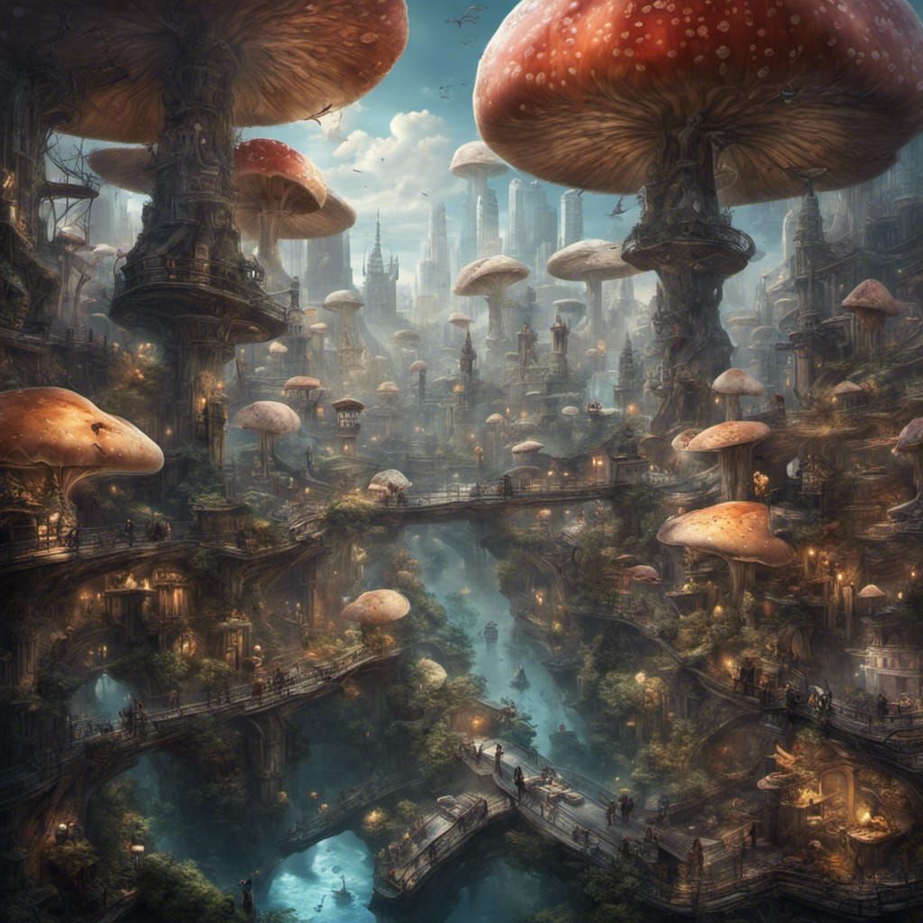 Bustling Cityscape Inside Colossal Mushroom: Fantasy Concept...