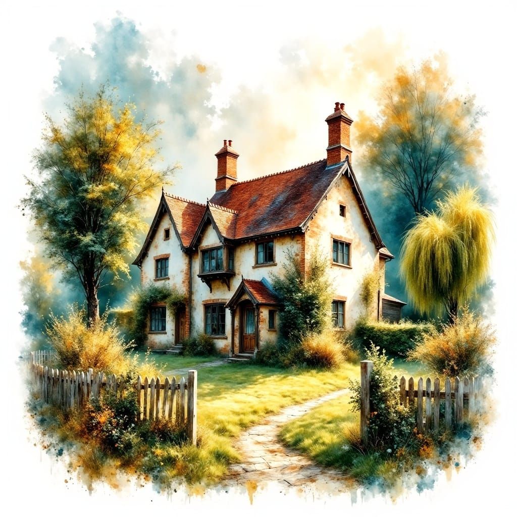 Vintage Tudor Cottage in Whimsical Watercolor