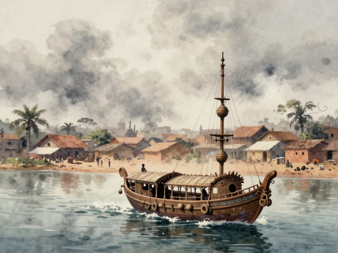 Steampunk Boat in West African Neighborhood Watercolor Paint...