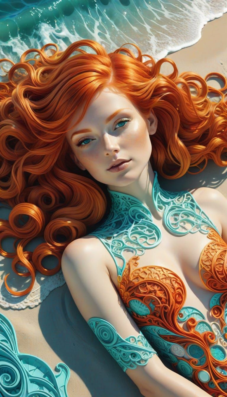 Redhead on Beach in Abstract Vector Fractal