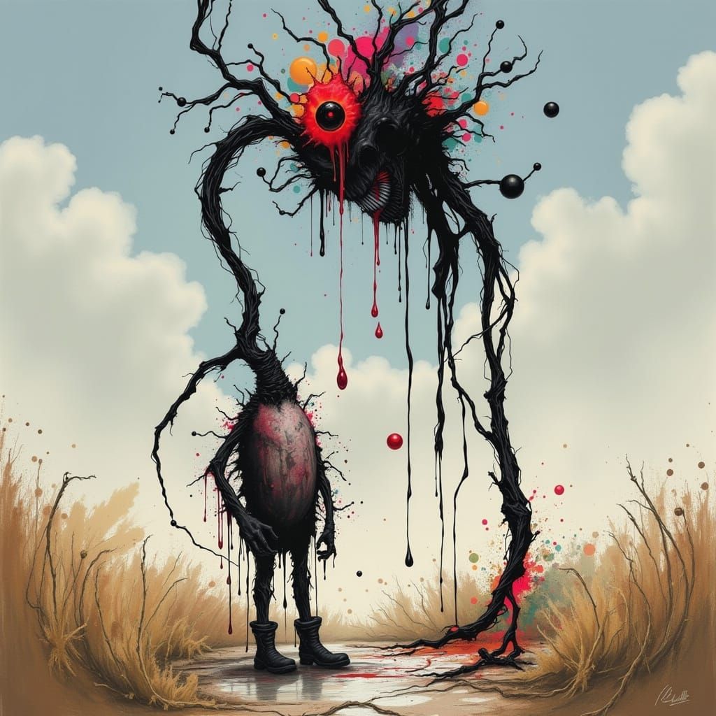 Surreal Clown Girl with Long Neck and Mismatched Footwear