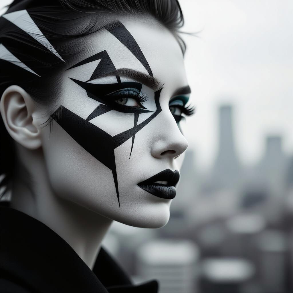 Model with Abstract Street Art Makeup in B&W Fashion Style