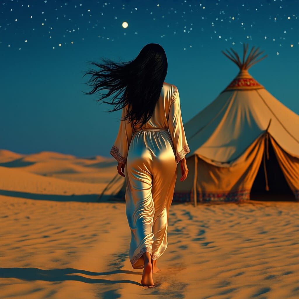 Arab Woman Walks to Desert Tent at Night