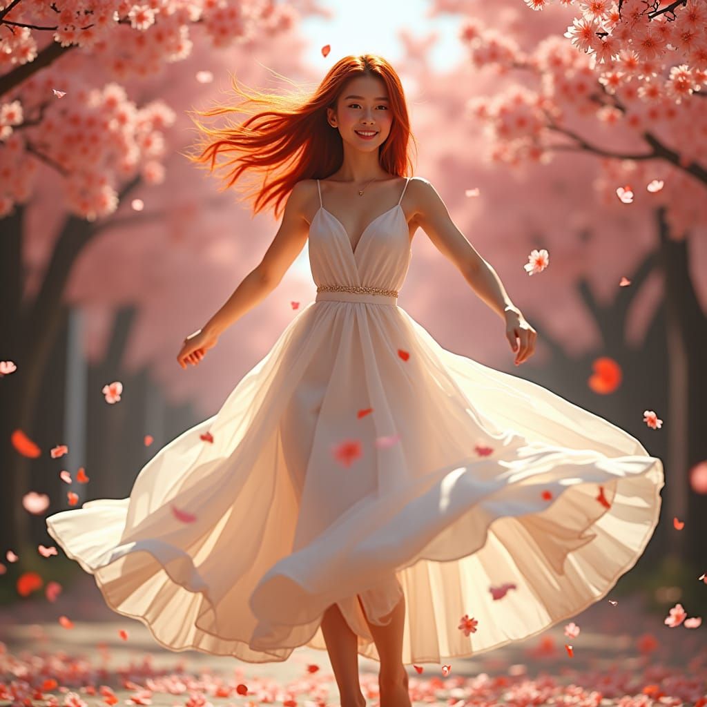 Crimson-Haired Teenager Dancing in Cherry Blossoms
