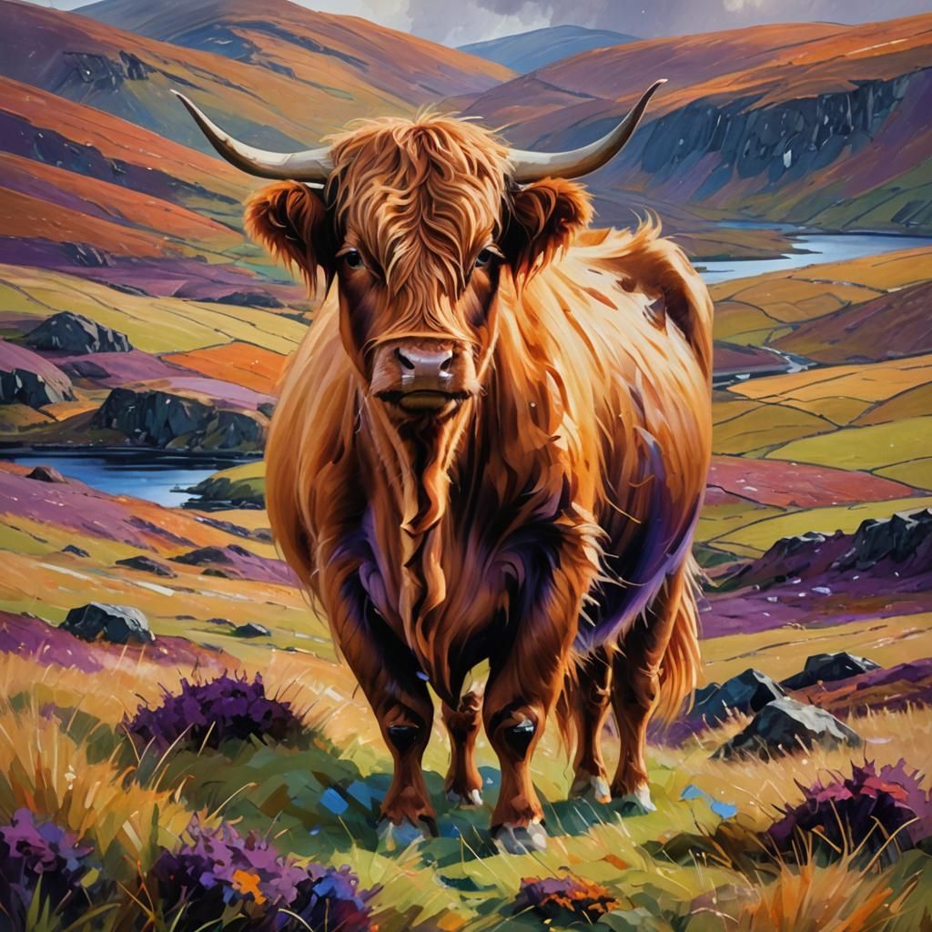 Shetland Cow in Highlands: Impressionist Oil Painting