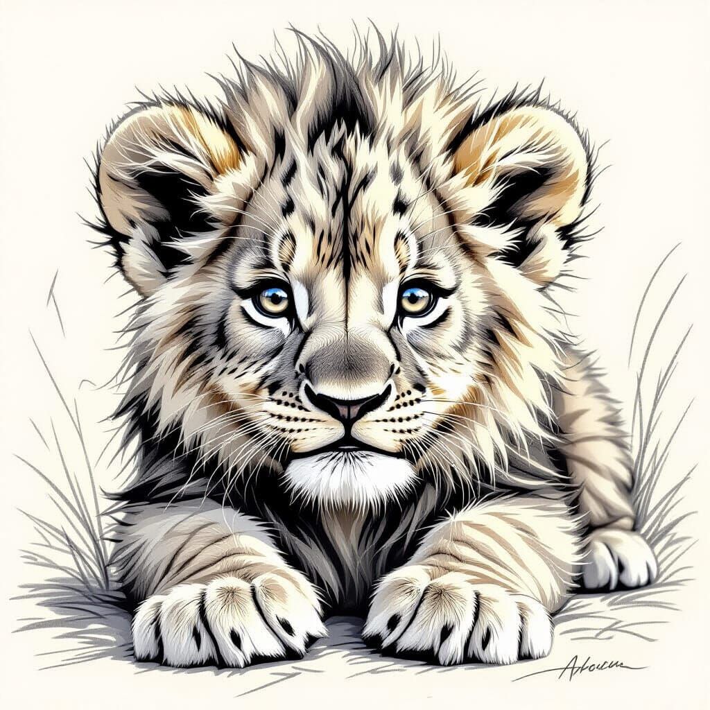 Detailed Pencil Drawing of Adorable Lion Cub