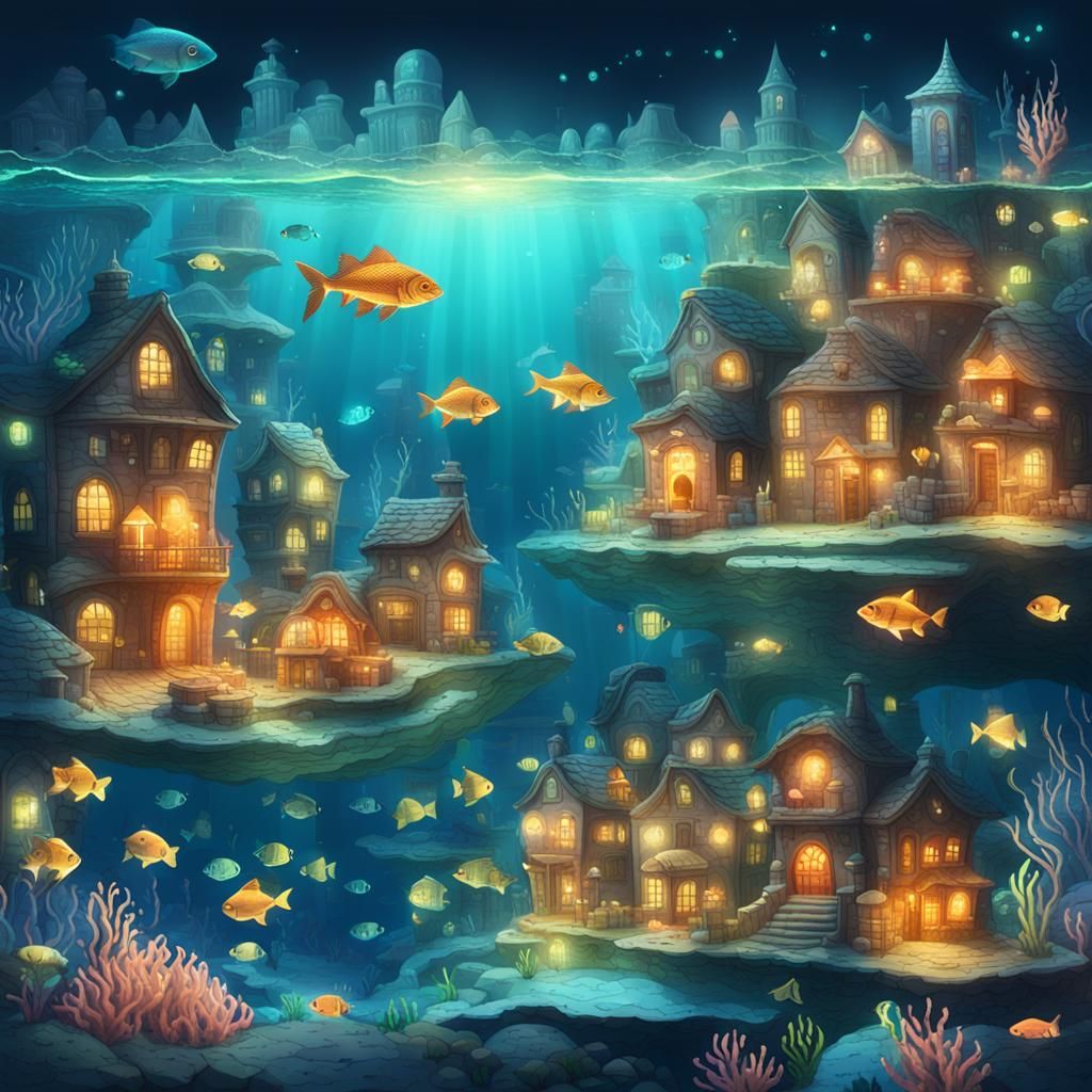 Bioluminescent Underwater Town with Glowing Fish