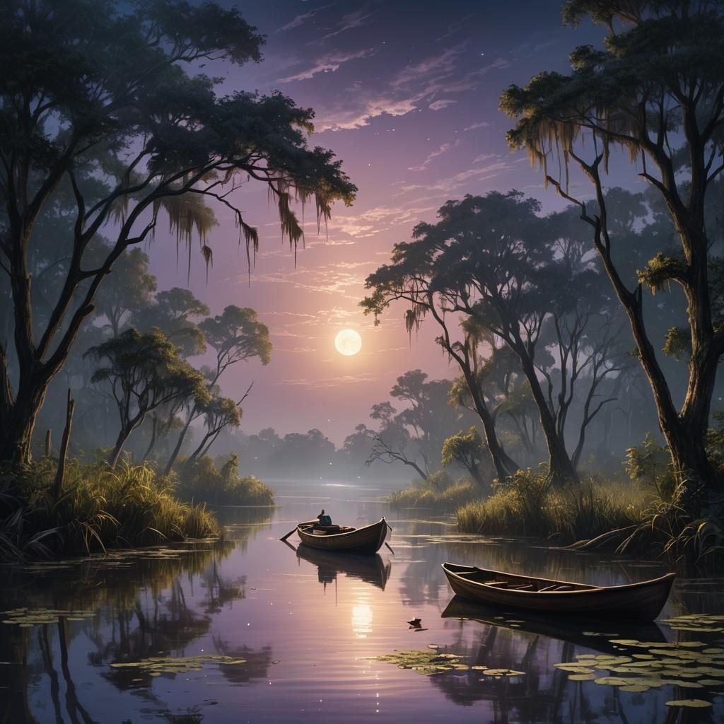 Hyperrealistic Bayou Boat in Flashing Moonlight