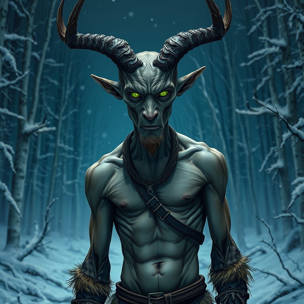 Medieval Goat-Man in Snowy Forest, Digital Matte Painting