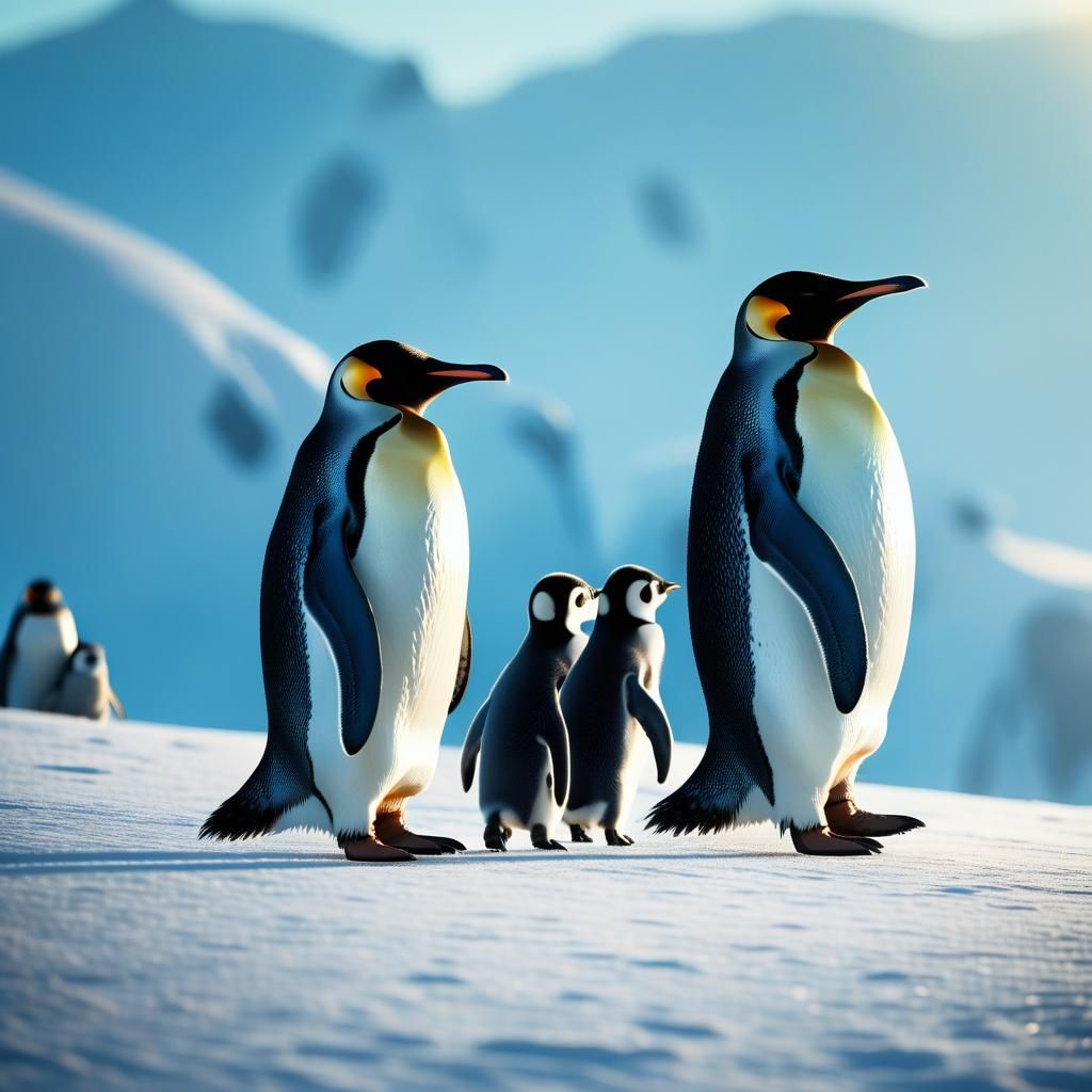 Penguin Family on Snowy Landscape, Cinematic Film Still