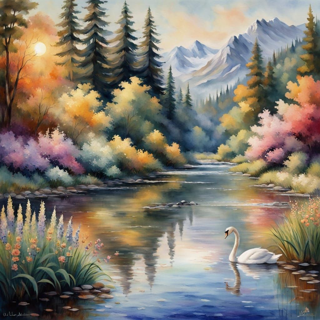 Serene Swan in a Watercolor Landscape with Sunset