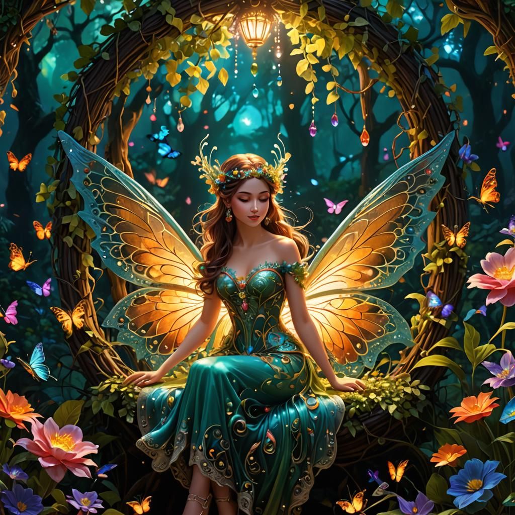 Fairy on Flower Swing with Iridescent Wings