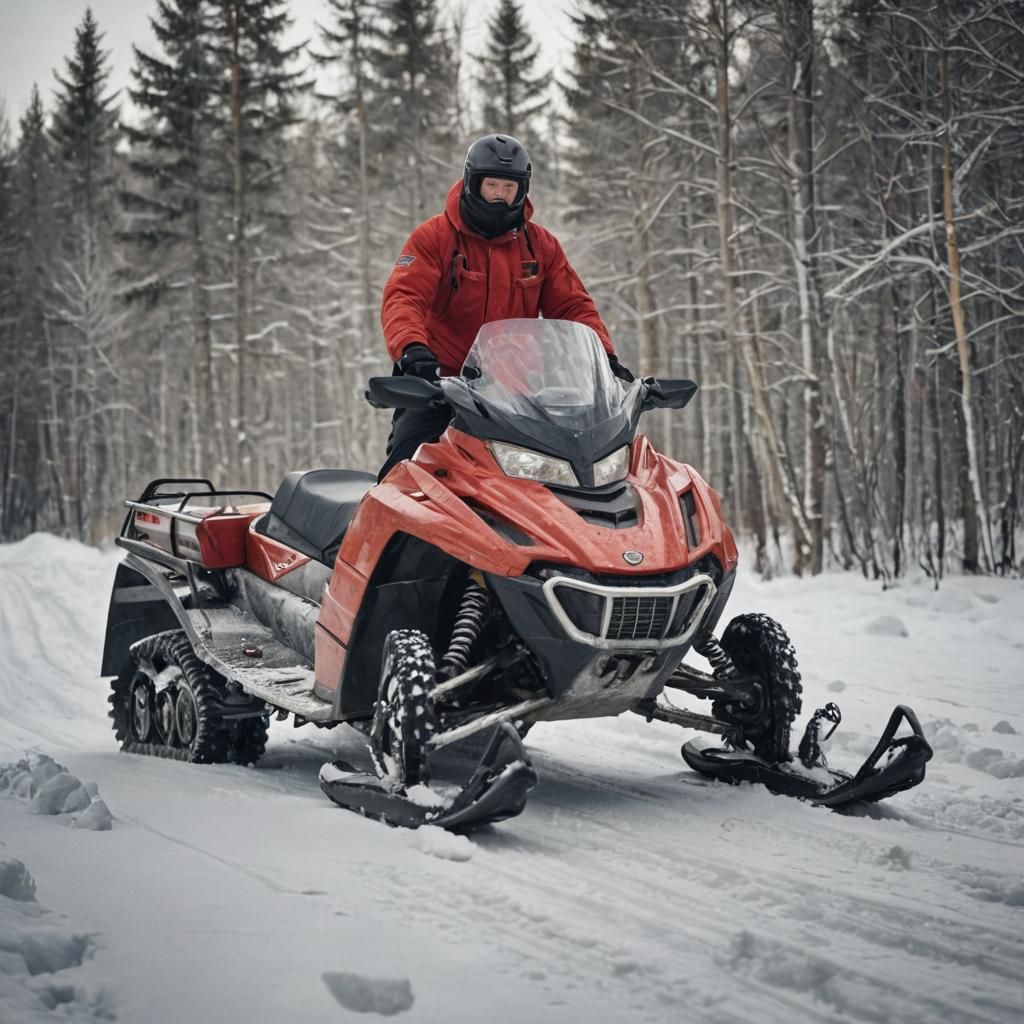 Confident Slavic Man on Snowmobile in Winter Landscape