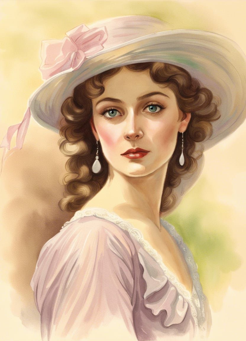 Elegant Edwardian Woman Portrait in Watercolour Style