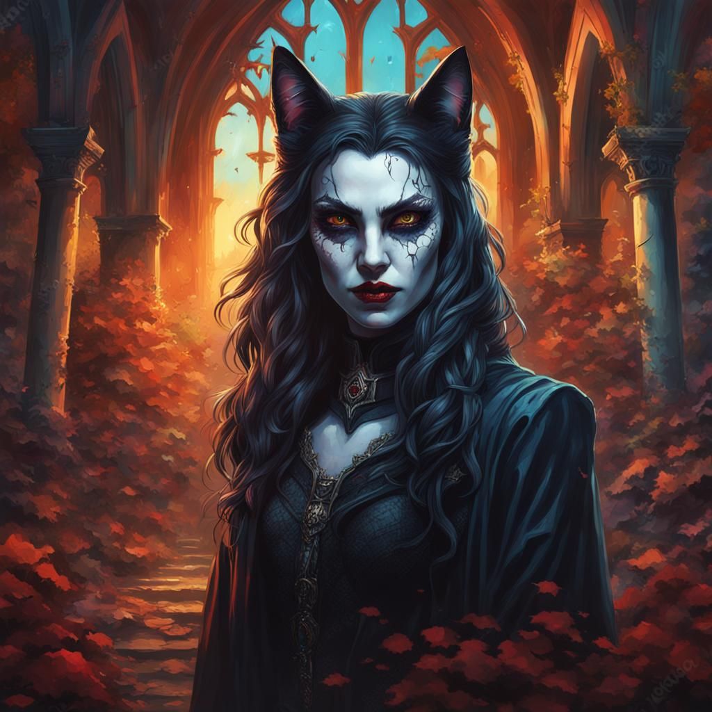 Vampire Cat Woman Portrait in Gothic Abbey