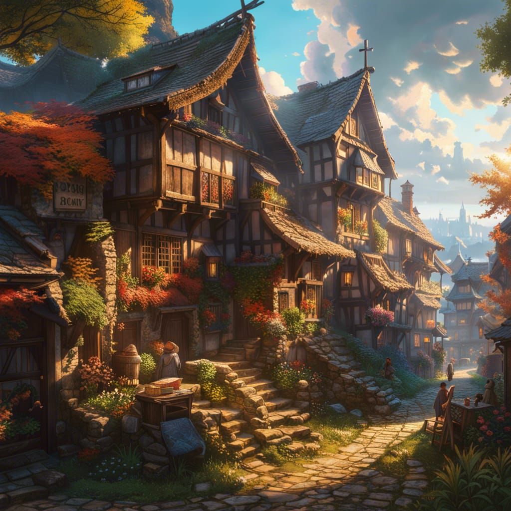 Medieval Village Market in Photorealistic Digital Art
