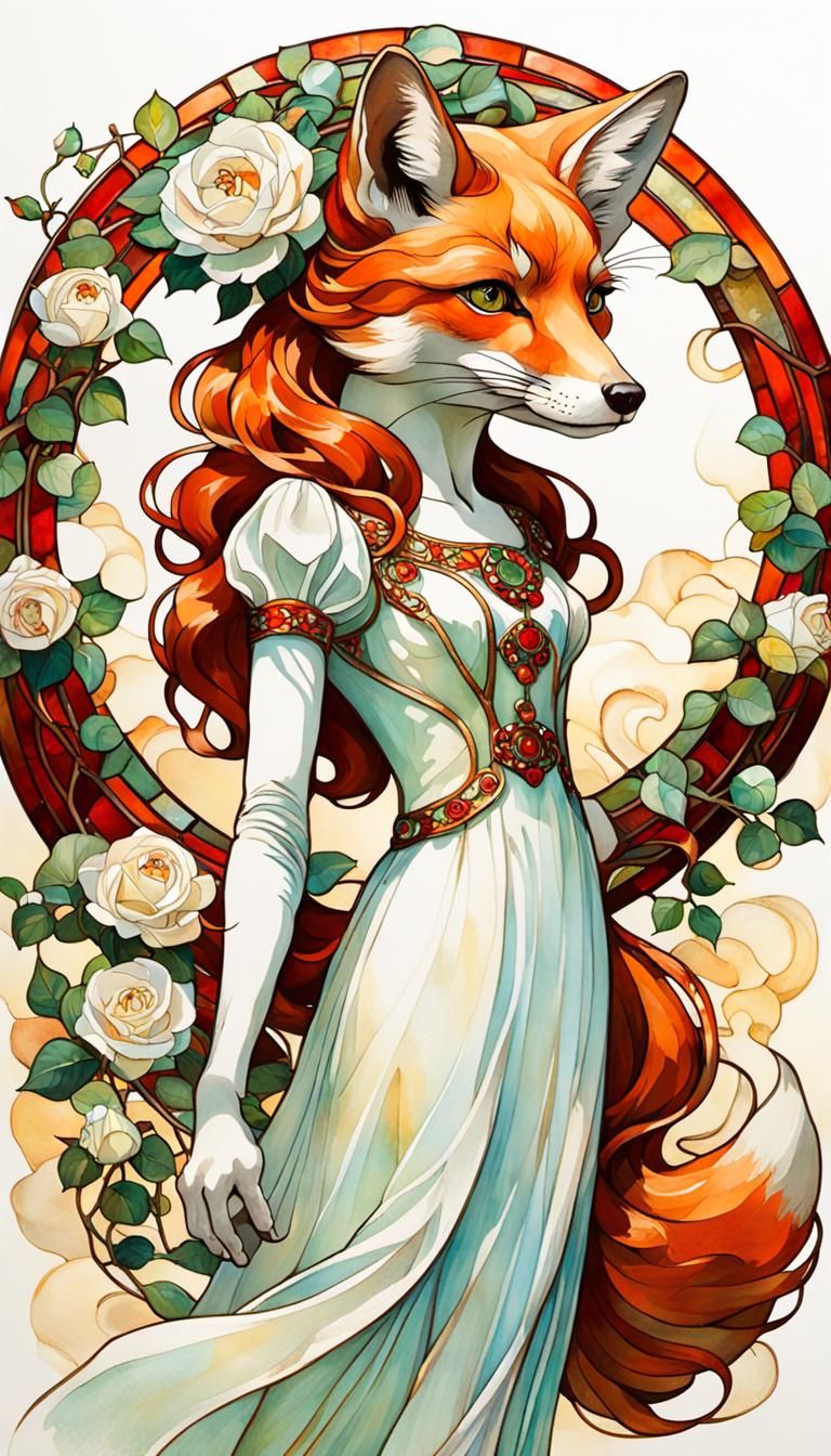 Art Nouveau Fox with Roses in Stained Glass