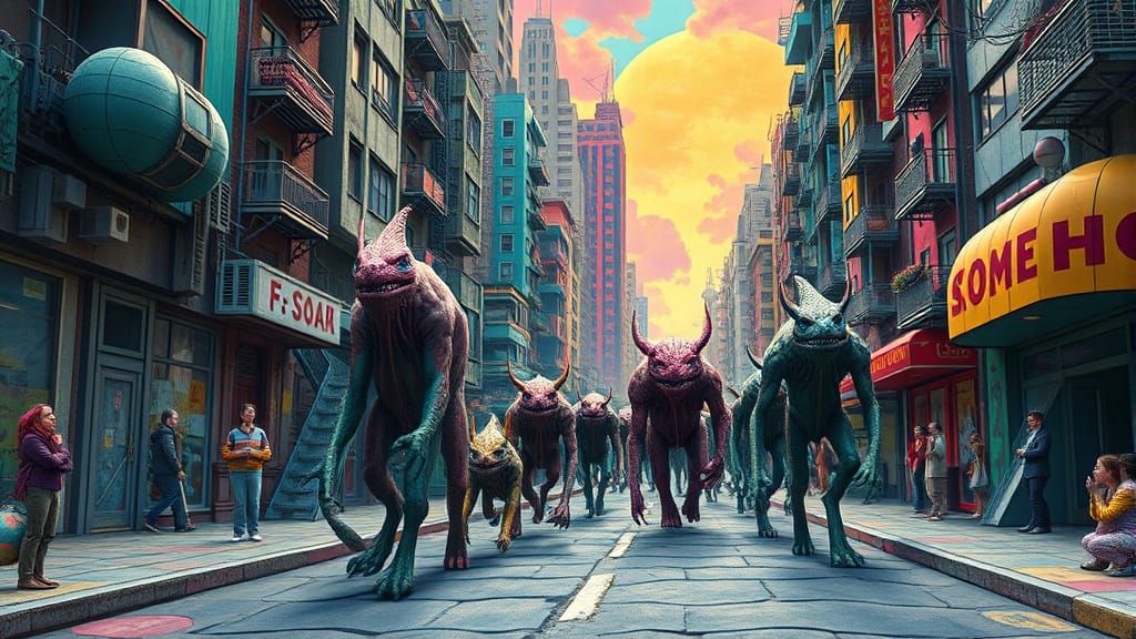 Majestic Creatures March Down Whimsical Street in Vibrant Su...