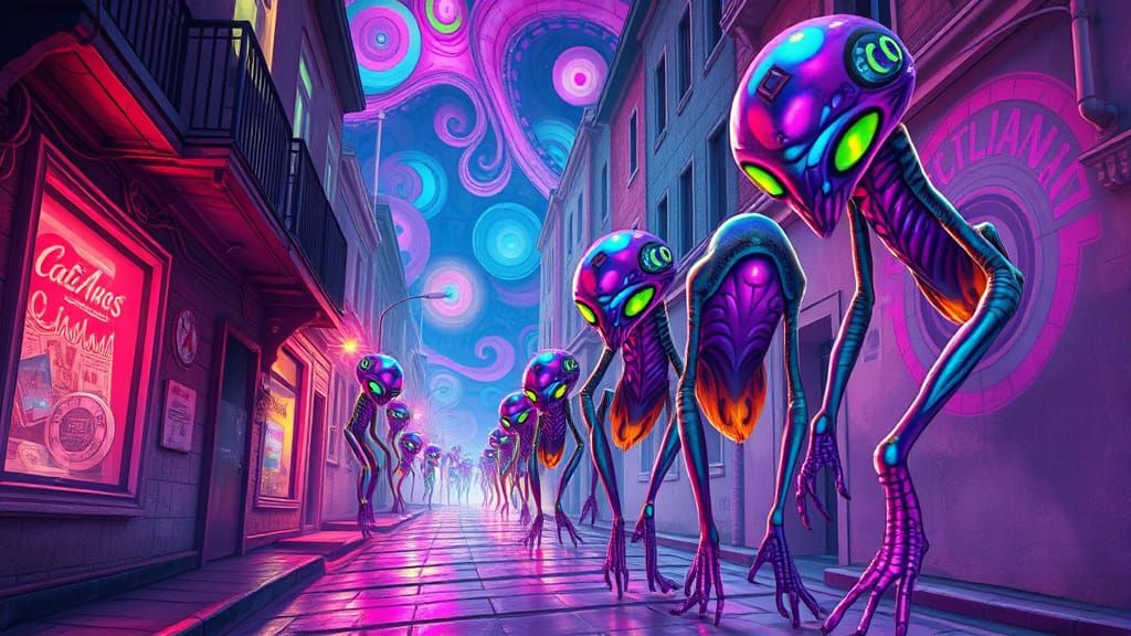 Surreal Alien Forms Descend Upon a Futuristic Street Scene