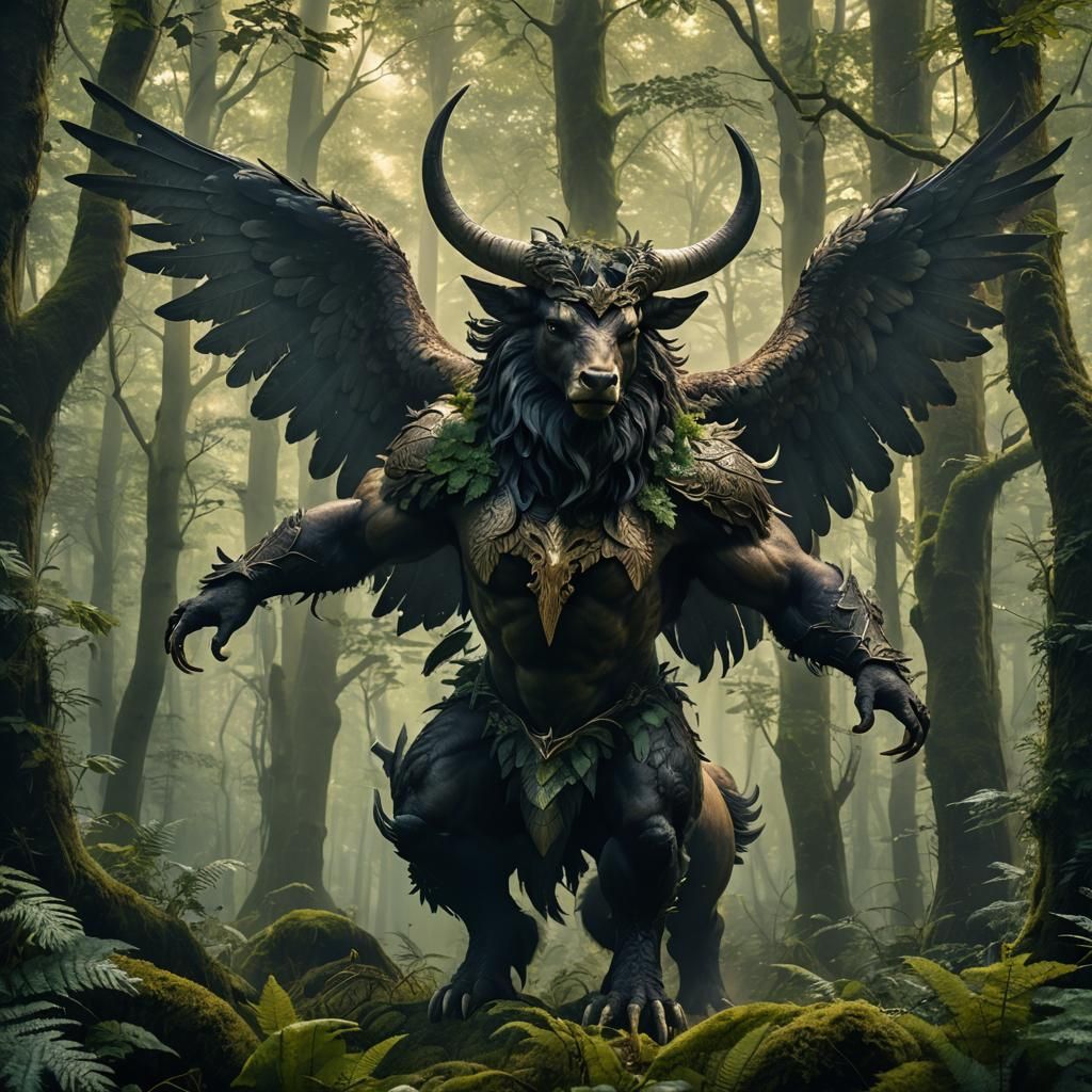 Eagle-Headed Minotaur in Misty Forest: Matte Painting