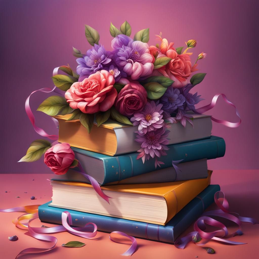 Floral Book Stack in Hyperrealistic Splash Art
