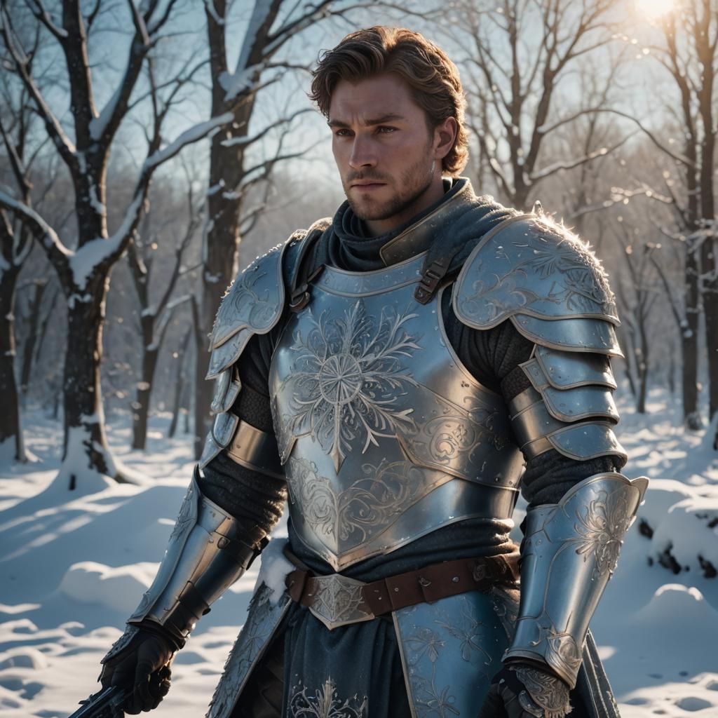 Young Knight in Snowy Landscape at Golden Hour