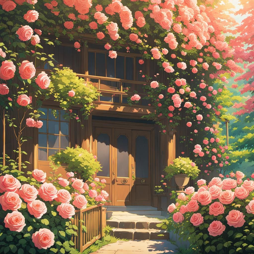 Pink Roses in Studio Ghibli Anime Style