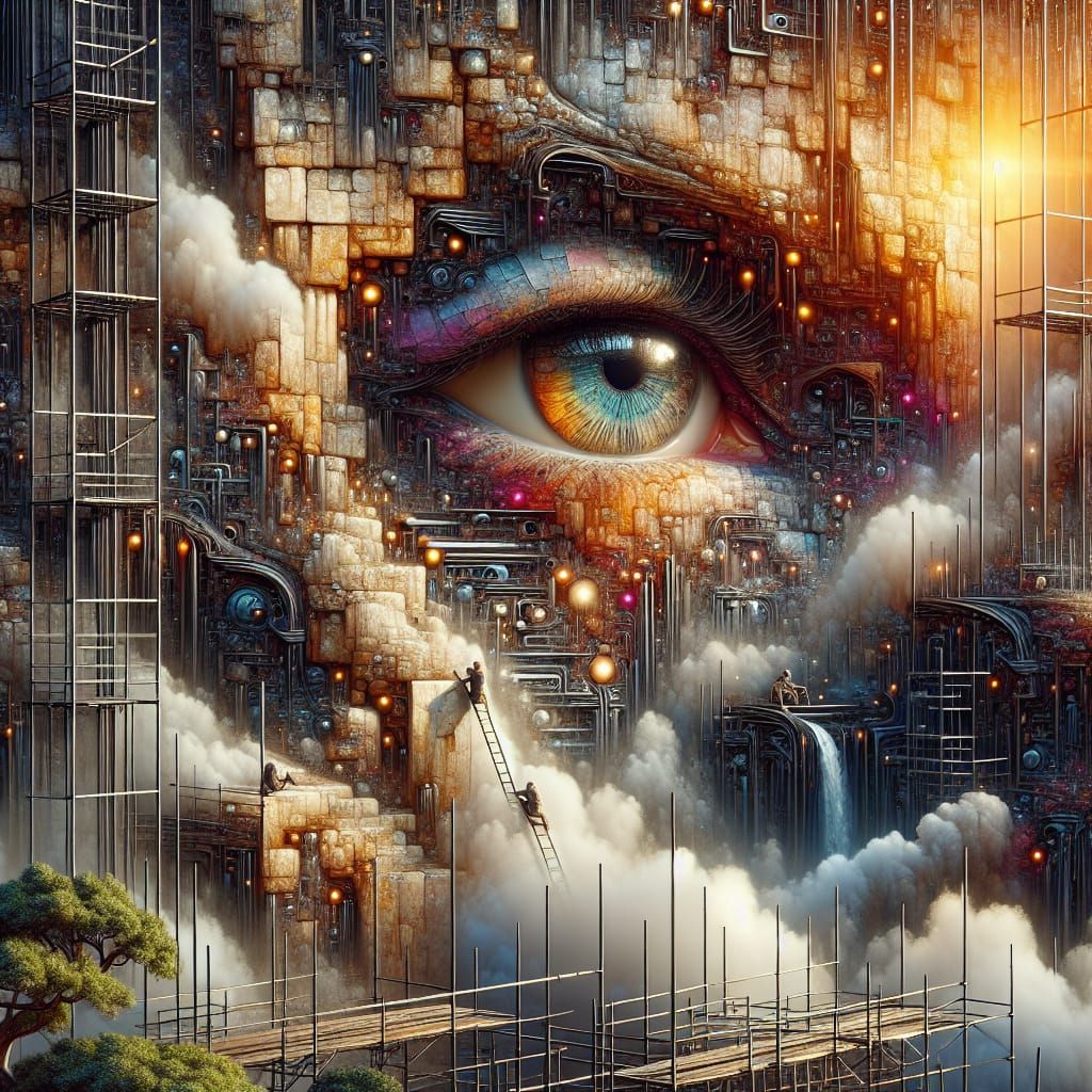 Ancient Stone Revival in Cyberpunk Hues