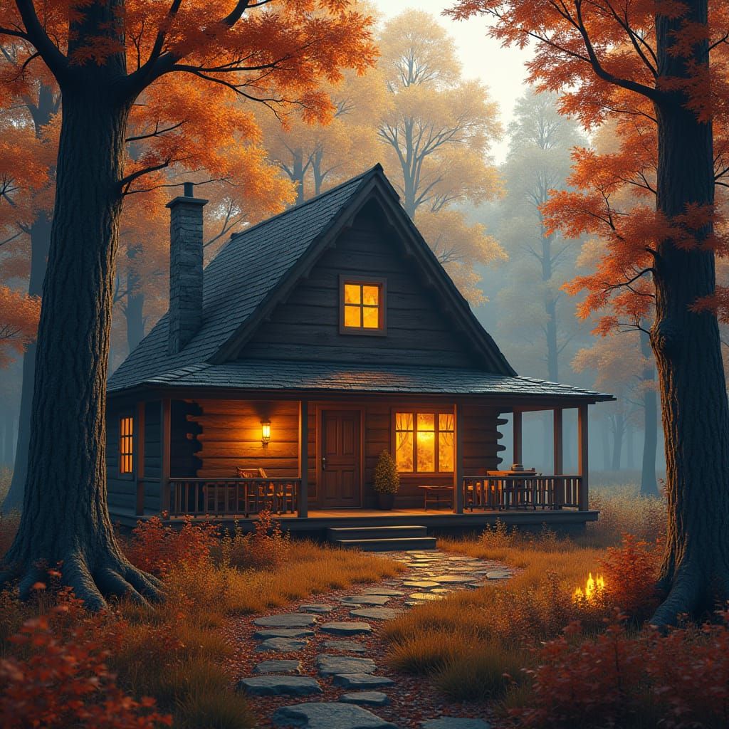 Autumn Cabin in Forest: Detailed Matte Painting