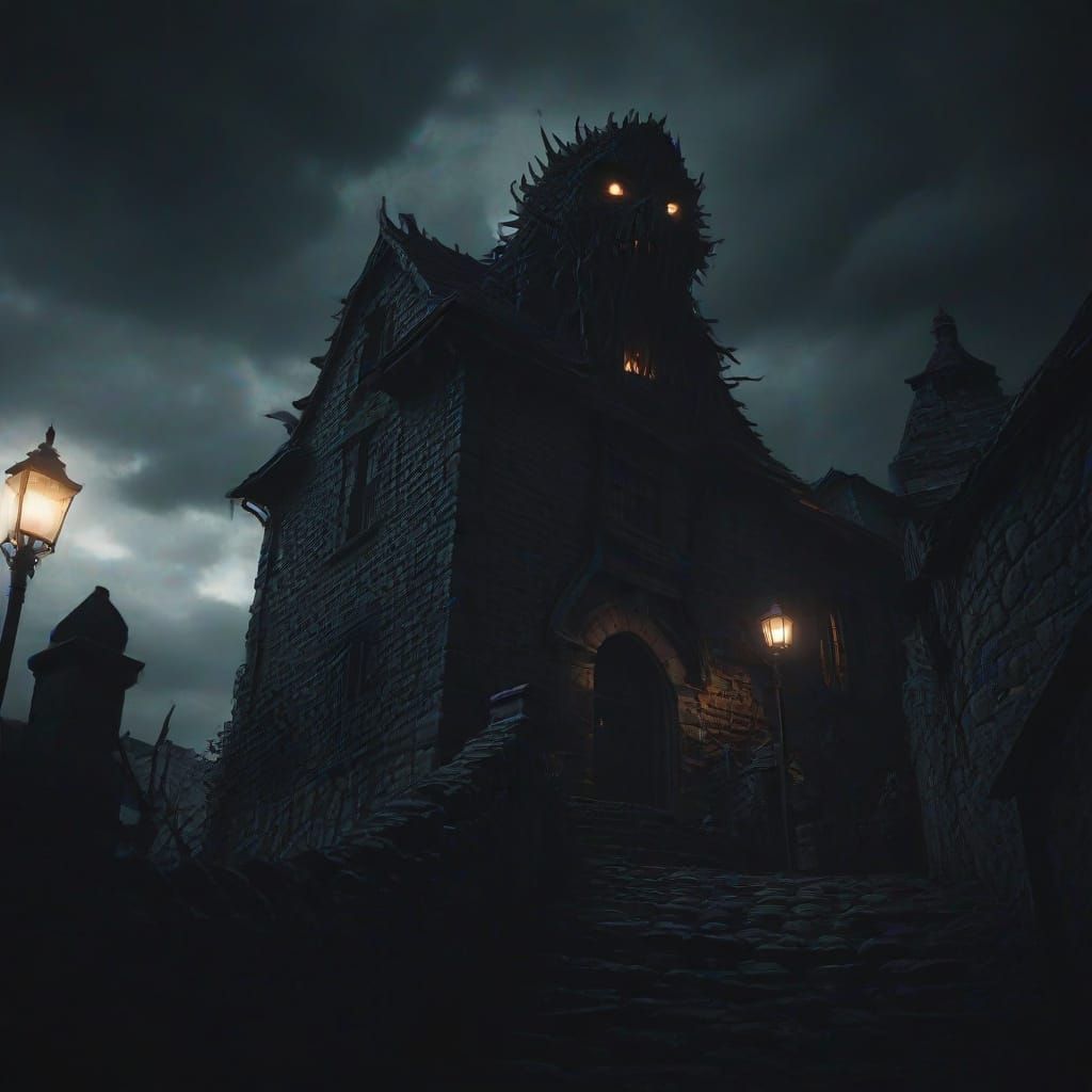 Monster Attacks Village in Dark Gothic Horror Style