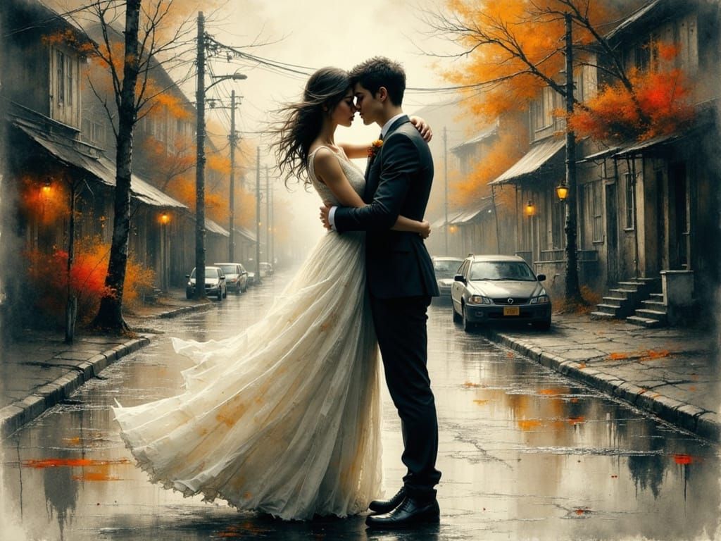 Lovers Embrace During Storm in Dramatic Digital Art