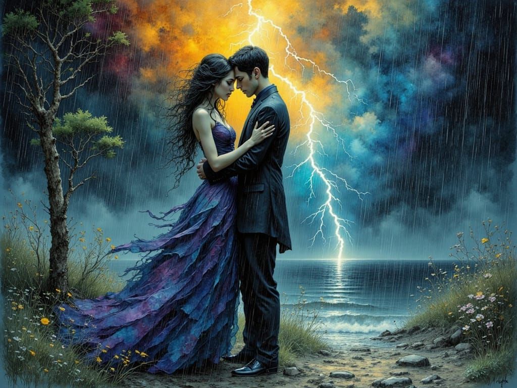 Embracing Couple Amidst Lightning Storm