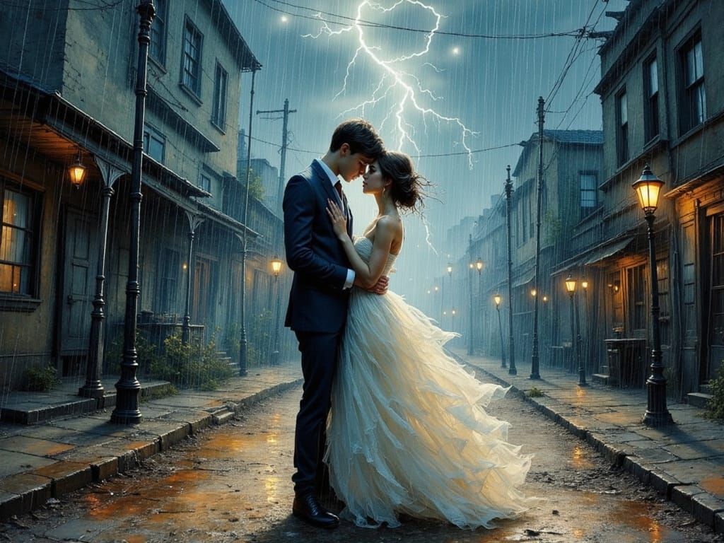 Passionate Embrace in Stormy Weather, Dramatic Digital Art