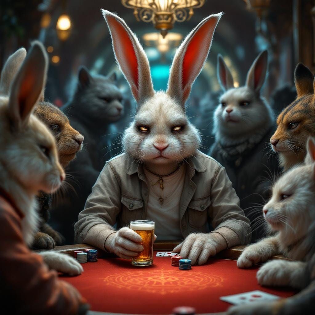 Rabbit Card Player in Ornate Digital Art Style