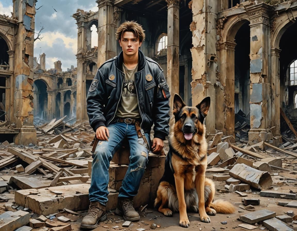 Boy and Dog in Post-Apocalyptic Ruins