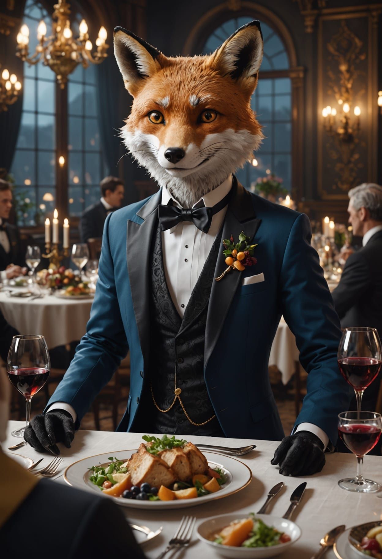 Fox in Tuxedo at Dinner Party, Anime Style