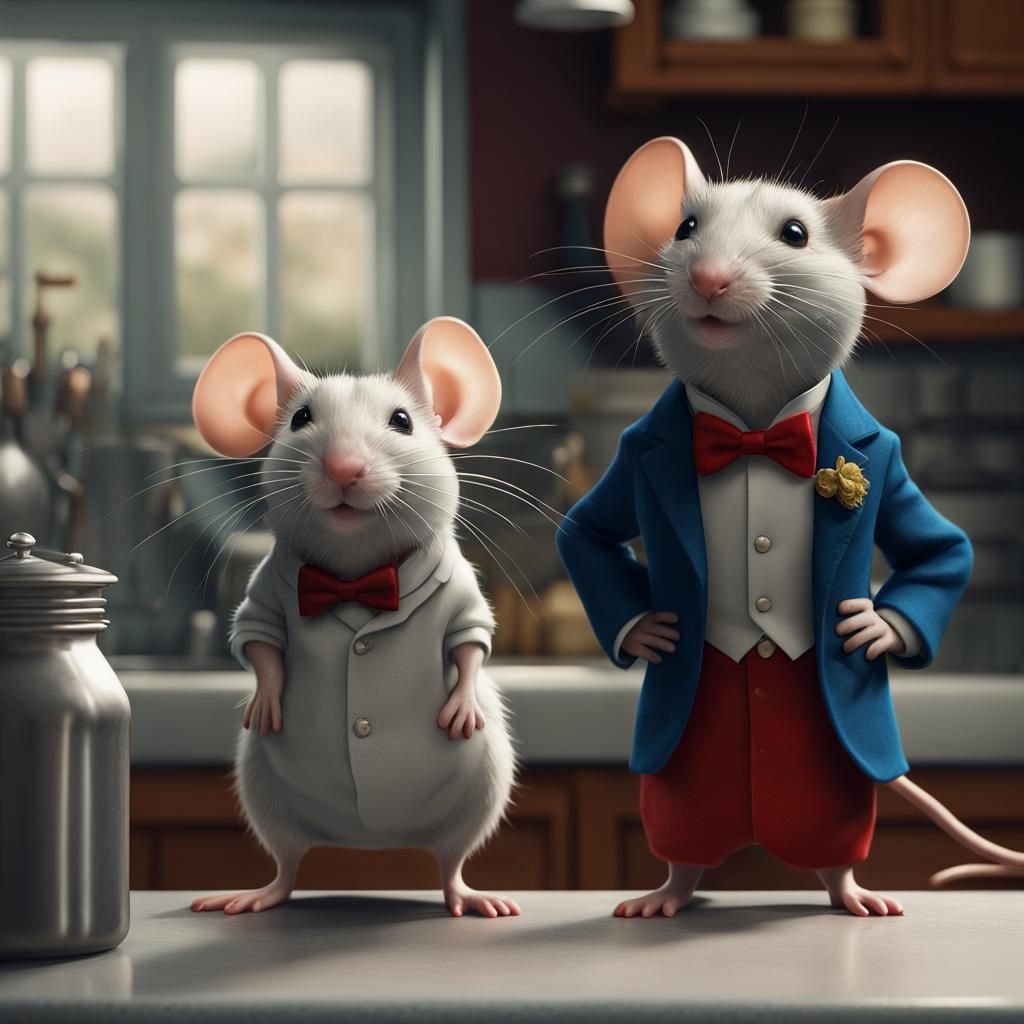 Mice in Tuxedos: Hyperrealistic Kitchen Portrait
